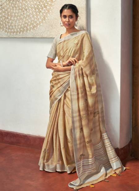 Beige Colour SANGAM PARUL Latest Designer Fancy Regular Wear Linen Printed Saree Collection 4125